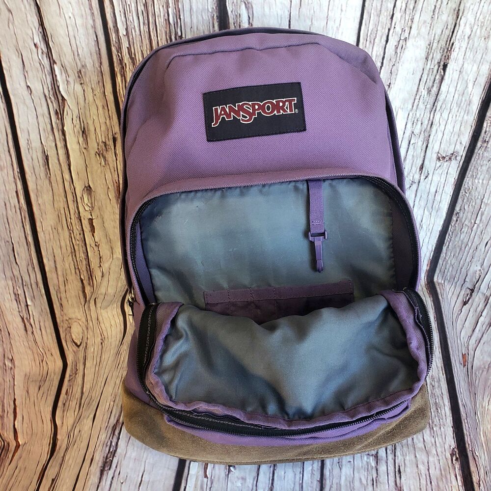 Jansport Suede Leather Bottom Purple Backpack Salem Georgia Patch Book Bag Large - Picture 5 of 6